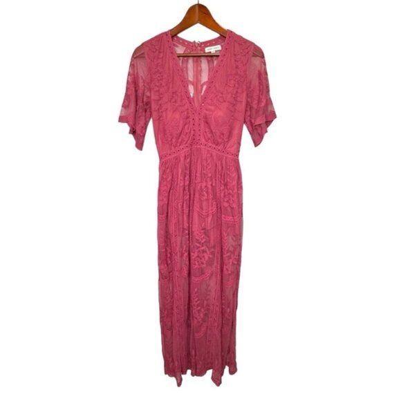 Honey Punch Pink Lace Romper Maxi Dress Size Small Plunging Neckline Feminine - Picture 2 of 15